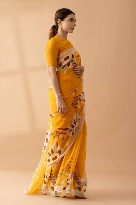 Thee Modern Roots Yellow Chiffon Contrast Abstract Mountain Print Saree Online at Aza Fashions Thee Modern Roots_Yellow Chiffon Contrast Abstract Mountain Print Saree _Online_at_Aza_Fashions