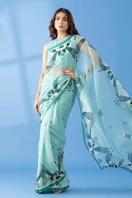 Thee Modern Roots Abstract Contrast Mountain Print Saree 