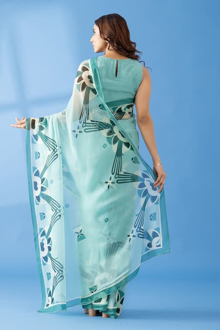 Shop Thee Modern Roots Blue Chiffon Abstract Contrast Mountain Print Saree at Aza Fashions Shop_Thee Modern Roots_Blue Chiffon Abstract Contrast Mountain Print Saree _at_Aza_Fashions