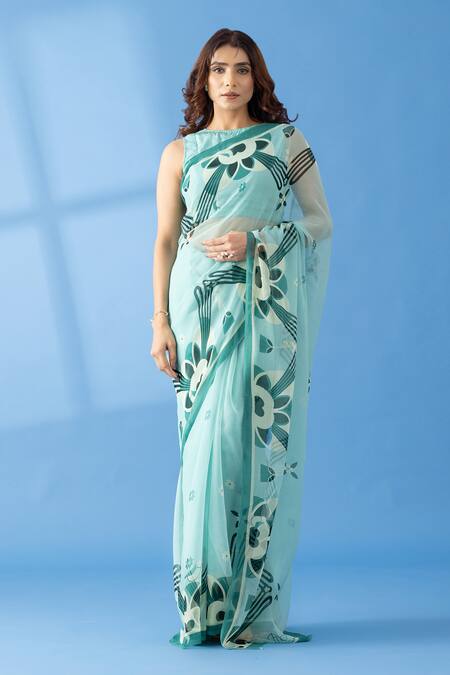 Thee Modern Roots Blue Chiffon Abstract Contrast Mountain Print Saree Online at Aza Fashions Thee Modern Roots_Blue Chiffon Abstract Contrast Mountain Print Saree _Online_at_Aza_Fashions