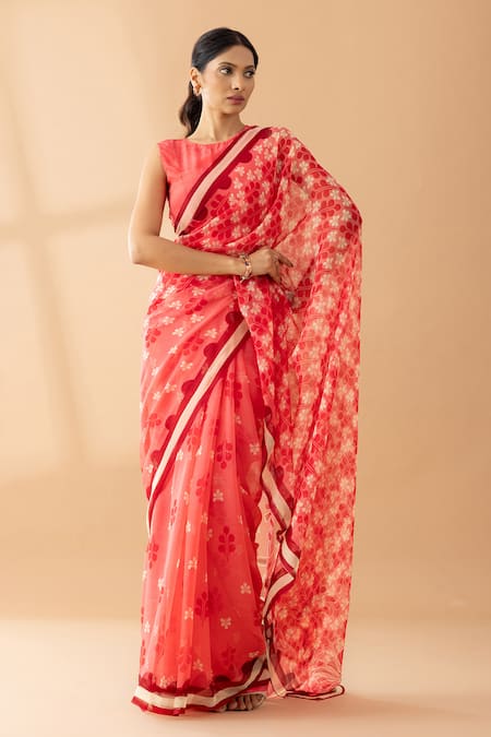 Thee Modern Roots Pink Chiffon Print Petal Tonal Floral Saree 