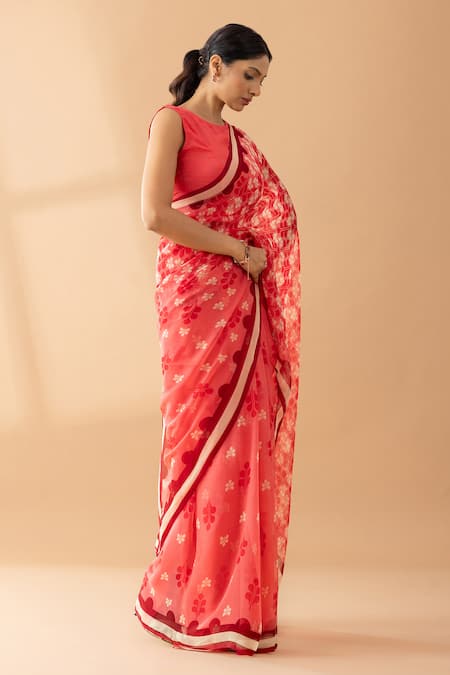 Buy Thee Modern Roots Pink Chiffon Tonal Floral Petal Print Saree Online at Aza Fashions Buy_Thee Modern Roots_Pink Chiffon Tonal Floral Petal Print Saree _Online_at_Aza_Fashions
