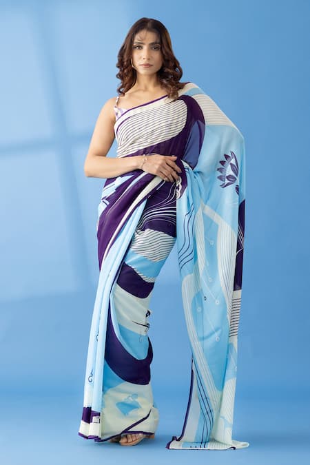 Thee Modern Roots Purple Georgette Print Abstract Two Tone Saree 