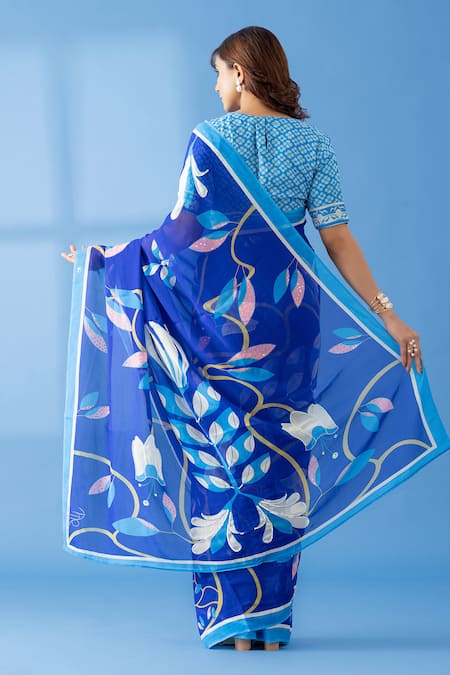 Shop Thee Modern Roots Blue Georgette Floral Garden Print Saree at Aza Fashions Shop_Thee Modern Roots_Blue Georgette Floral Garden Print Saree _at_Aza_Fashions