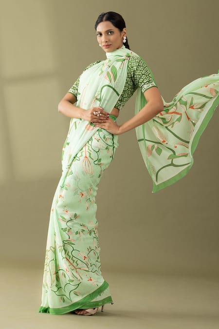 Thee Modern Roots Green Georgette Print Floral Flower Garden Saree 