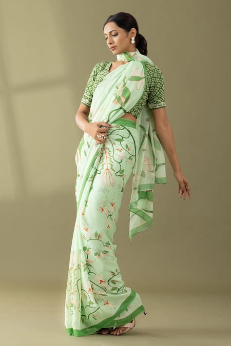 Shop Thee Modern Roots Green Georgette Flower Garden Print Saree at Aza Fashions Shop_Thee Modern Roots_Green Georgette Flower Garden Print Saree _at_Aza_Fashions
