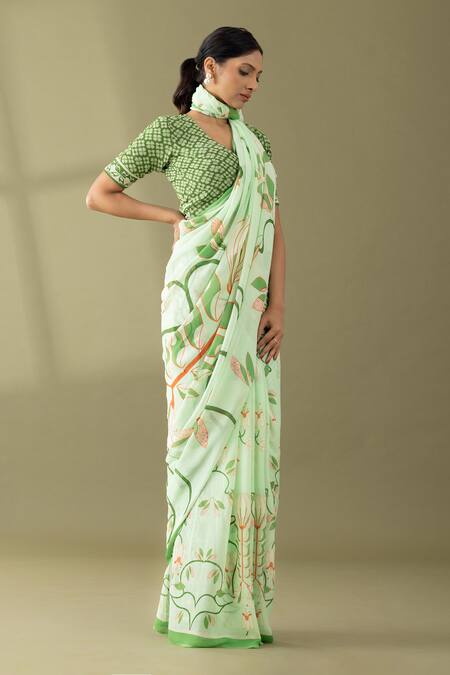 Buy Thee Modern Roots Green Georgette Flower Garden Print Saree Online at Aza Fashions Buy_Thee Modern Roots_Green Georgette Flower Garden Print Saree _Online_at_Aza_Fashions