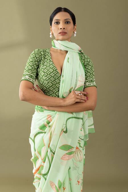 Shop Thee Modern Roots Green Georgette Flower Garden Print Saree Online at Aza Fashions Shop_Thee Modern Roots_Green Georgette Flower Garden Print Saree _Online_at_Aza_Fashions