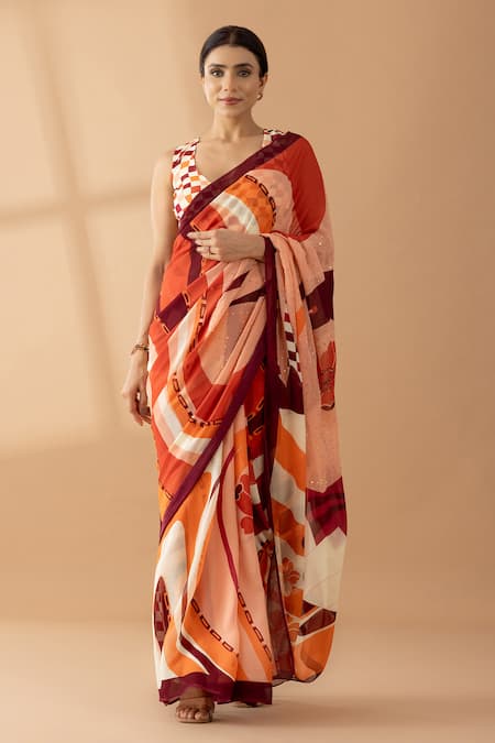 Thee Modern Roots Orange Georgette Print Swirl Abstract Saree 