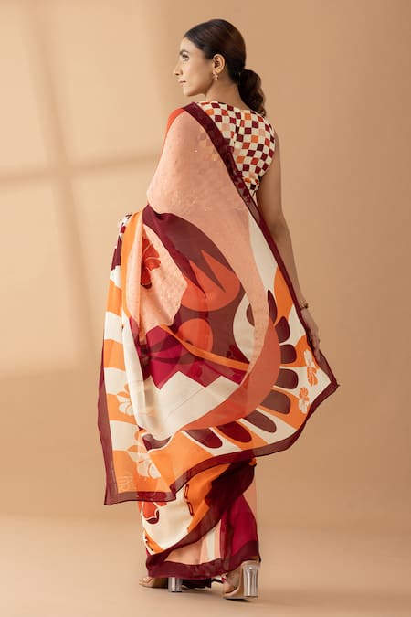 Shop Thee Modern Roots Orange Georgette Sequins Abstract Swirl Print Saree at Aza Fashions Shop_Thee Modern Roots_Orange Georgette Sequins Abstract Swirl Print Saree _at_Aza_Fashions