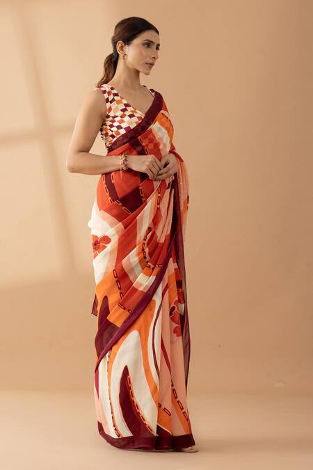 Thee Modern Roots Orange Georgette Sequins Abstract Swirl Print Saree Online at Aza Fashions Thee Modern Roots_Orange Georgette Sequins Abstract Swirl Print Saree _Online_at_Aza_Fashions