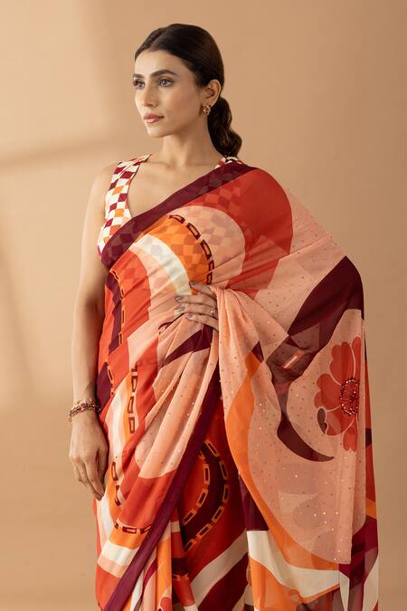 Buy Thee Modern Roots Orange Georgette Sequins Abstract Swirl Print Saree Online at Aza Fashions Buy_Thee Modern Roots_Orange Georgette Sequins Abstract Swirl Print Saree _Online_at_Aza_Fashions