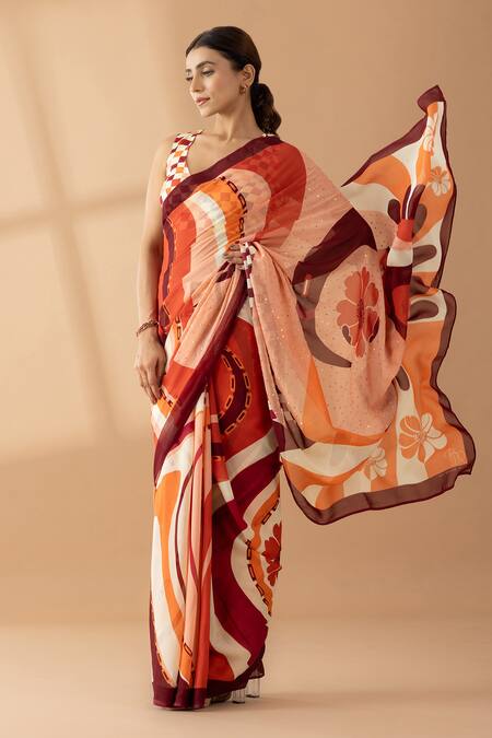 Shop Thee Modern Roots Orange Georgette Sequins Abstract Swirl Print Saree Online at Aza Fashions Shop_Thee Modern Roots_Orange Georgette Sequins Abstract Swirl Print Saree _Online_at_Aza_Fashions
