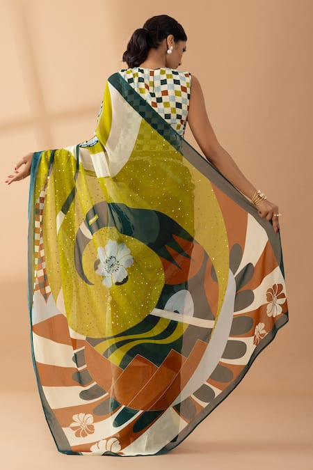 Shop Thee Modern Roots Green Georgette Sequins Abstract Bird Print Saree at Aza Fashions Shop_Thee Modern Roots_Green Georgette Sequins Abstract Bird Print Saree _at_Aza_Fashions
