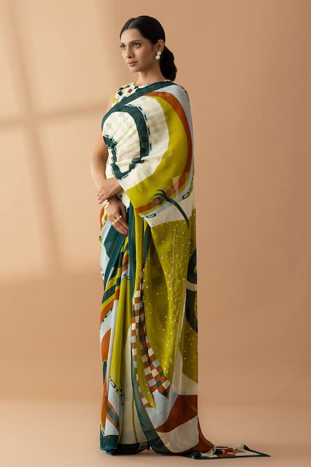 Thee Modern Roots Green Georgette Sequins Abstract Bird Print Saree Online at Aza Fashions Thee Modern Roots_Green Georgette Sequins Abstract Bird Print Saree _Online_at_Aza_Fashions