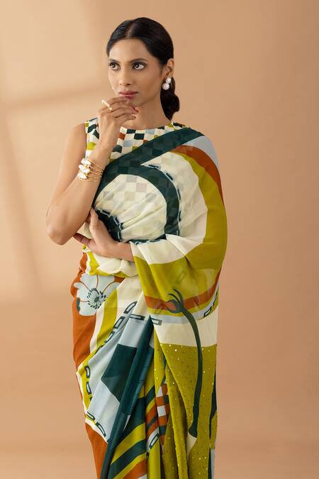 Shop Thee Modern Roots Green Georgette Sequins Abstract Bird Print Saree Online at Aza Fashions Shop_Thee Modern Roots_Green Georgette Sequins Abstract Bird Print Saree _Online_at_Aza_Fashions