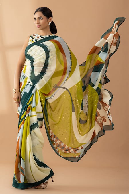 Thee Modern Roots Green Georgette Sequins Abstract Bird Print Saree at Aza Fashions Thee Modern Roots_Green Georgette Sequins Abstract Bird Print Saree _at_Aza_Fashions