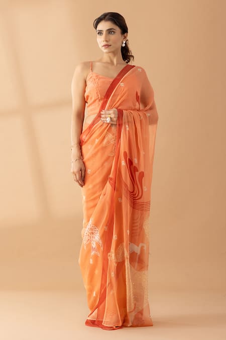 Thee Modern Roots Peach Chiffon Print Abstract Horse Saree 