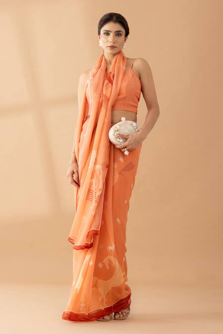 Buy Thee Modern Roots Peach Chiffon Sequins Abstract Horse Print Saree Online at Aza Fashions Buy_Thee Modern Roots_Peach Chiffon Sequins Abstract Horse Print Saree _Online_at_Aza_Fashions