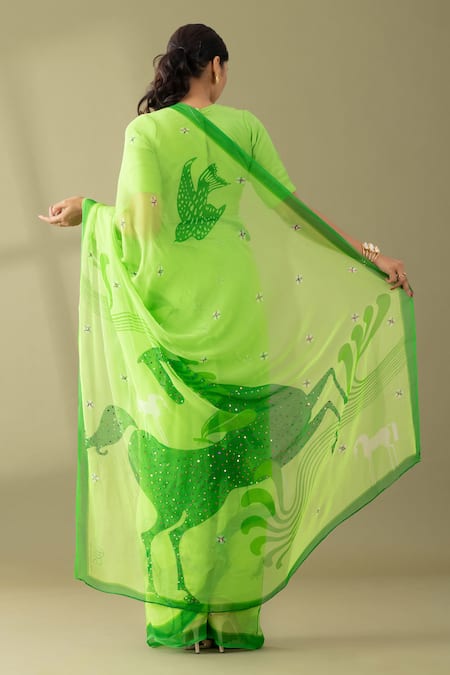 Shop Thee Modern Roots Green Chiffon Sequins, Embroidery Macha Abstract Horse Print Saree at Aza Fashions Shop_Thee Modern Roots_Green Chiffon Sequins, Embroidery Macha Abstract Horse Print Saree _at_Aza_Fashions
