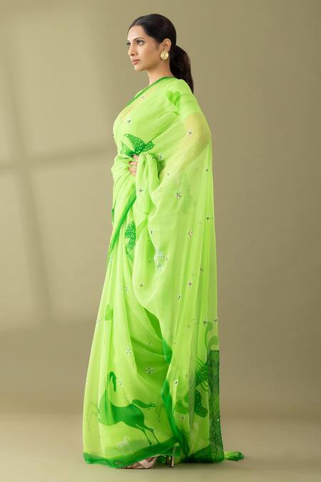 Thee Modern Roots Green Chiffon Sequins, Embroidery Macha Abstract Horse Print Saree Online at Aza Fashions Thee Modern Roots_Green Chiffon Sequins, Embroidery Macha Abstract Horse Print Saree _Online_at_Aza_Fashions