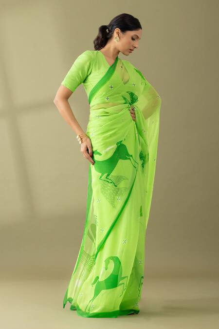 Buy Thee Modern Roots Green Chiffon Sequins, Embroidery Macha Abstract Horse Print Saree Online at Aza Fashions Buy_Thee Modern Roots_Green Chiffon Sequins, Embroidery Macha Abstract Horse Print Saree _Online_at_Aza_Fashions