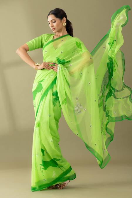Shop Thee Modern Roots Green Chiffon Sequins, Embroidery Macha Abstract Horse Print Saree Online at Aza Fashions Shop_Thee Modern Roots_Green Chiffon Sequins, Embroidery Macha Abstract Horse Print Saree _Online_at_Aza_Fashions