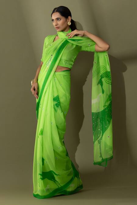 Thee Modern Roots Green Chiffon Sequins, Embroidery Macha Abstract Horse Print Saree at Aza Fashions Thee Modern Roots_Green Chiffon Sequins, Embroidery Macha Abstract Horse Print Saree _at_Aza_Fashions