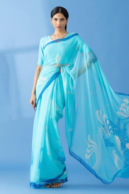 Thee Modern Roots Blue Chiffon Print Abstract Horse Saree 