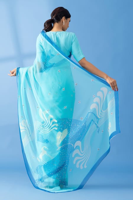 Shop Thee Modern Roots Blue Chiffon Sequins, Embroidery Abstract Horse Print Saree at Aza Fashions Shop_Thee Modern Roots_Blue Chiffon Sequins, Embroidery Abstract Horse Print Saree _at_Aza_Fashions