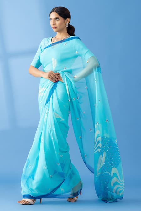 Thee Modern Roots Blue Chiffon Sequins, Embroidery Abstract Horse Print Saree Online at Aza Fashions Thee Modern Roots_Blue Chiffon Sequins, Embroidery Abstract Horse Print Saree _Online_at_Aza_Fashions