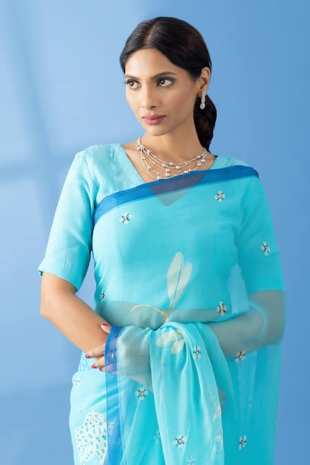 Shop Thee Modern Roots Blue Chiffon Sequins, Embroidery Abstract Horse Print Saree Online at Aza Fashions Shop_Thee Modern Roots_Blue Chiffon Sequins, Embroidery Abstract Horse Print Saree _Online_at_Aza_Fashions