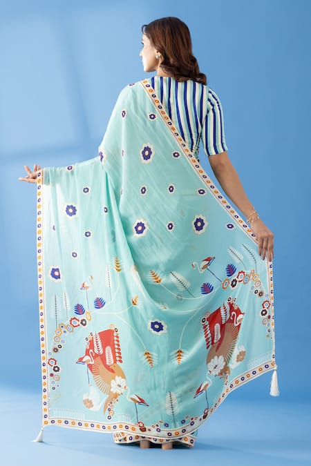 Shop Thee Modern Roots Blue Crepe Abstract Floret Print Saree at Aza Fashions Shop_Thee Modern Roots_Blue Crepe Abstract Floret Print Saree _at_Aza_Fashions