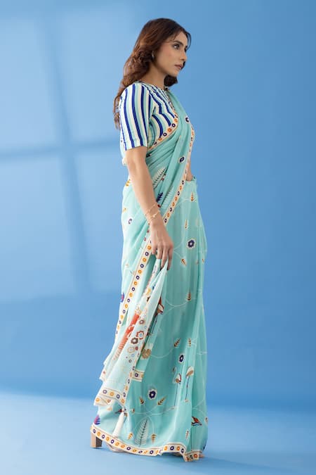 Shop Thee Modern Roots Blue Crepe Abstract Floret Print Saree Online at Aza Fashions Shop_Thee Modern Roots_Blue Crepe Abstract Floret Print Saree _Online_at_Aza_Fashions