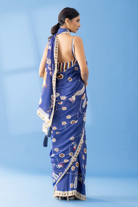 Shop Thee Modern Roots Blue Crepe Floret Abstract Print Saree at Aza Fashions Shop_Thee Modern Roots_Blue Crepe Floret Abstract Print Saree _at_Aza_Fashions
