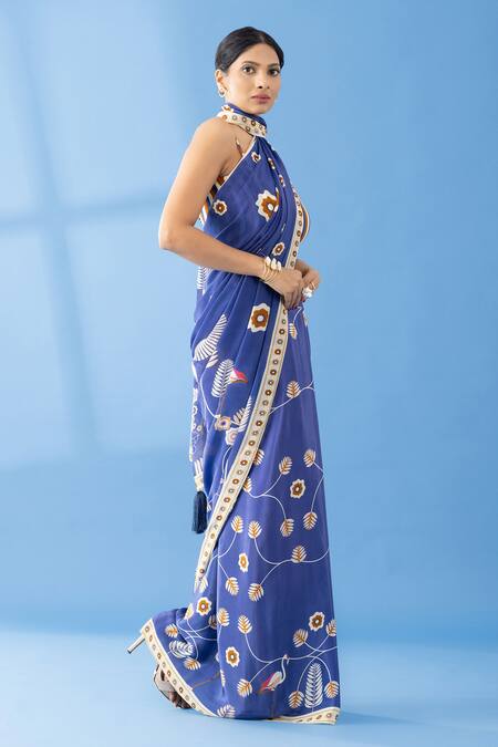 Thee Modern Roots Blue Crepe Floret Abstract Print Saree Online at Aza Fashions Thee Modern Roots_Blue Crepe Floret Abstract Print Saree _Online_at_Aza_Fashions