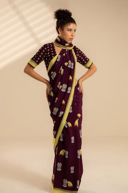 Shop Thee Modern Roots Purple Crepe Bird Print Saree With Unstitched Blouse Piece at Aza Fashions Shop_Thee Modern Roots_Purple Crepe Bird Print Saree With Unstitched Blouse Piece _at_Aza_Fashions