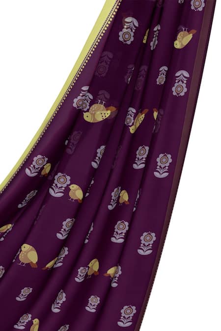 Shop Thee Modern Roots Purple Crepe Bird Print Saree With Unstitched Blouse Piece Online at Aza Fashions Shop_Thee Modern Roots_Purple Crepe Bird Print Saree With Unstitched Blouse Piece _Online_at_Aza_Fashions