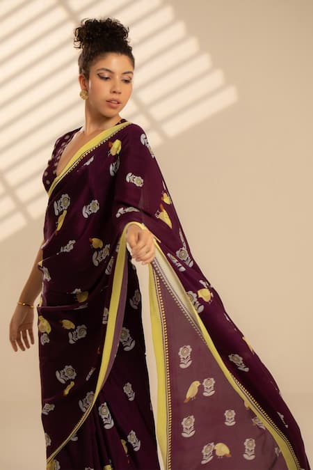 Thee Modern Roots Purple Crepe Bird Print Saree With Unstitched Blouse Piece at Aza Fashions Thee Modern Roots_Purple Crepe Bird Print Saree With Unstitched Blouse Piece _at_Aza_Fashions