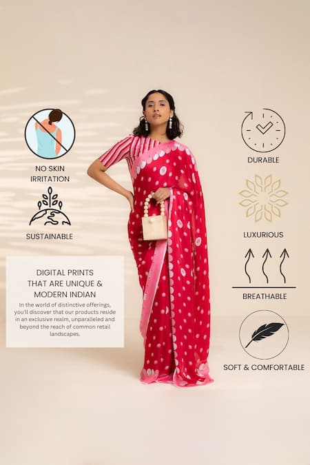 Thee Modern Roots Red Satin, Georgette Blooming Lotus Print Saree With Unstitched Blouse Piece Online at Aza Fashions Thee Modern Roots_Red Satin, Georgette Blooming Lotus Print Saree With Unstitched Blouse Piece _Online_at_Aza_Fashions