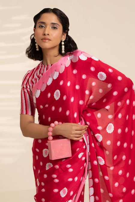 Shop Thee Modern Roots Red Satin, Georgette Blooming Lotus Print Saree With Unstitched Blouse Piece Online at Aza Fashions Shop_Thee Modern Roots_Red Satin, Georgette Blooming Lotus Print Saree With Unstitched Blouse Piece _Online_at_Aza_Fashions