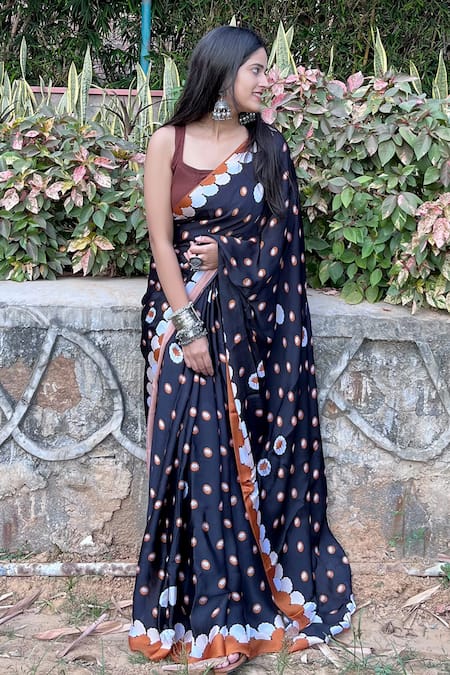Shop Thee Modern Roots Black Satin, Georgette Lotus Print Saree With Unstitched Blouse Piece at Aza Fashions Shop_Thee Modern Roots_Black Satin, Georgette Lotus Print Saree With Unstitched Blouse Piece _at_Aza_Fashions