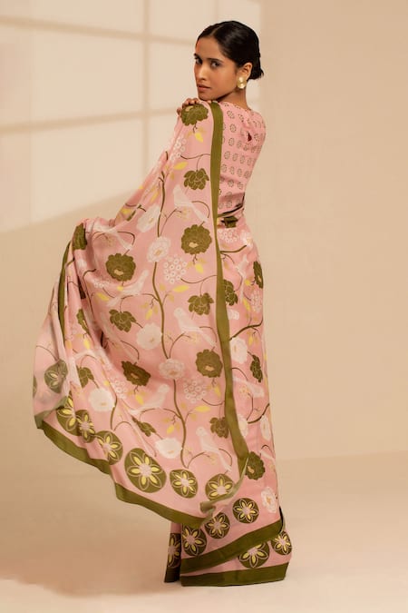 Shop Thee Modern Roots Pink Crepe Embroidery Floral Vine Printed Saree And Unstitched Blouse at Aza Fashions Shop_Thee Modern Roots_Pink Crepe Embroidery Floral Vine Printed Saree And Unstitched Blouse _at_Aza_Fashions