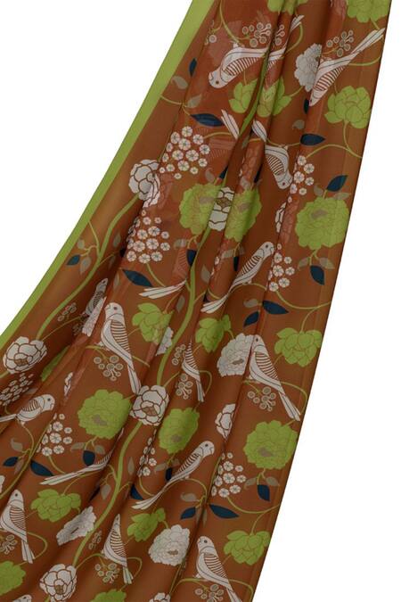Thee Modern Roots Brown Crepe Bloom Print Saree With Unstitched Blouse Piece Online at Aza Fashions Thee Modern Roots_Brown Crepe Bloom Print Saree With Unstitched Blouse Piece _Online_at_Aza_Fashions