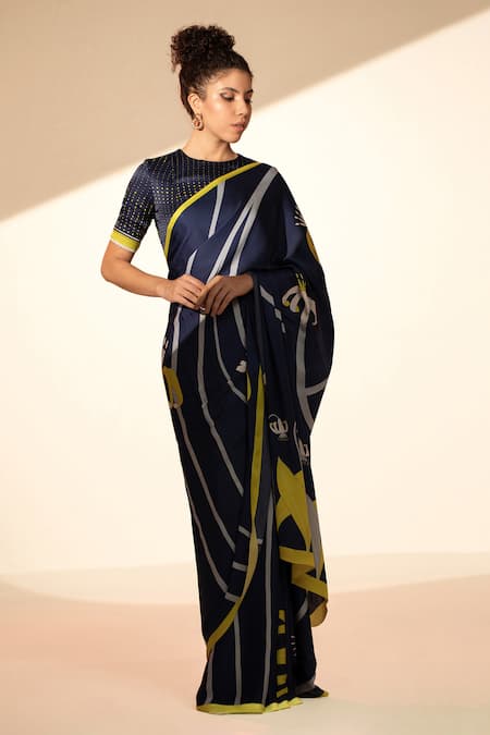 Thee Modern Roots Blue Satin Georgette Printed Floral Stripe Saree With Unstitched Blouse Piece 