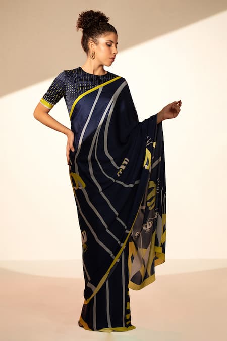 Shop Thee Modern Roots Blue Satin, Georgette Floral Stripe Print Saree With Unstitched Blouse Piece at Aza Fashions Shop_Thee Modern Roots_Blue Satin, Georgette Floral Stripe Print Saree With Unstitched Blouse Piece _at_Aza_Fashions