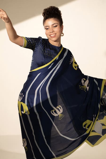 Thee Modern Roots Blue Satin, Georgette Floral Stripe Print Saree With Unstitched Blouse Piece Online at Aza Fashions Thee Modern Roots_Blue Satin, Georgette Floral Stripe Print Saree With Unstitched Blouse Piece _Online_at_Aza_Fashions