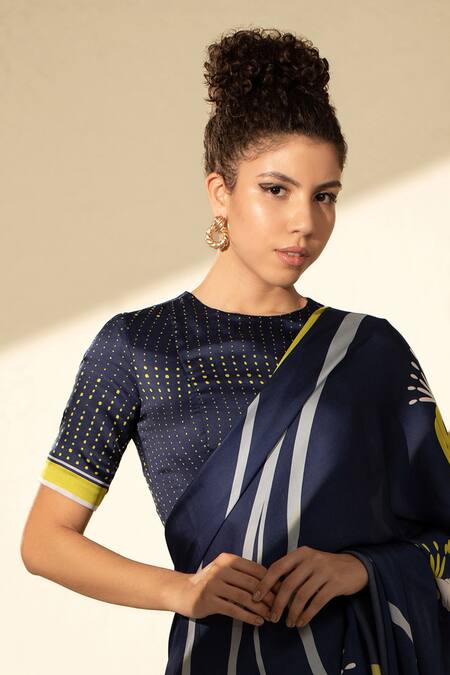 Shop Thee Modern Roots Blue Satin, Georgette Floral Stripe Print Saree With Unstitched Blouse Piece Shop_Thee Modern Roots_Blue Satin, Georgette Floral Stripe Print Saree With Unstitched Blouse Piece