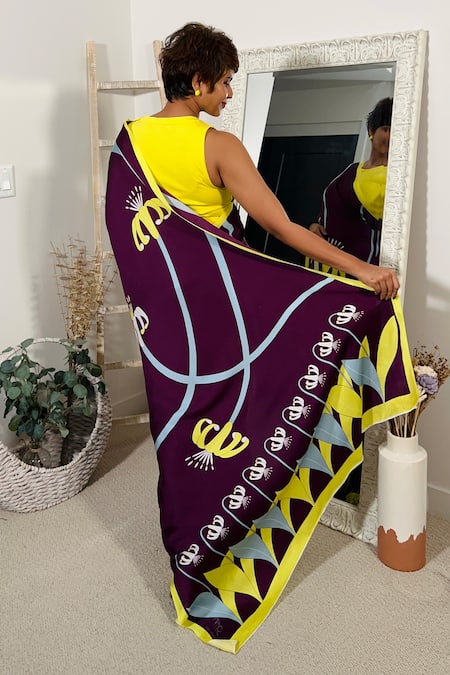 Shop Thee Modern Roots Purple Satin, Georgette Flower Stripe Print Saree With Unstitched Blouse Piece at Aza Fashions Shop_Thee Modern Roots_Purple Satin, Georgette Flower Stripe Print Saree With Unstitched Blouse Piece _at_Aza_Fashions