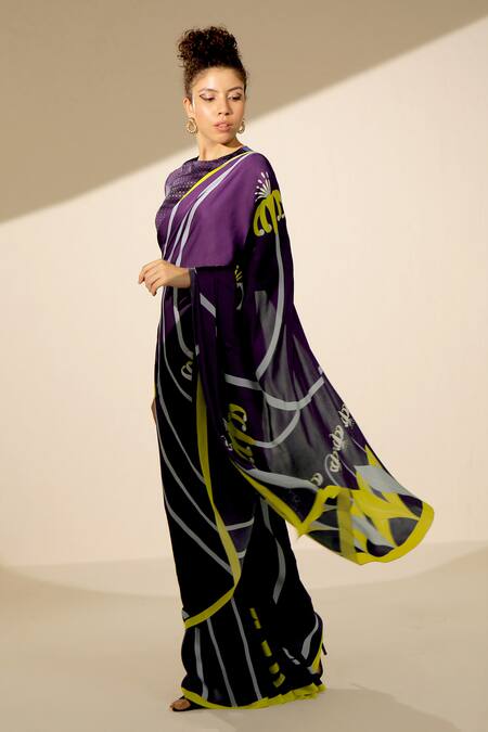Thee Modern Roots Purple Satin, Georgette Flower Stripe Print Saree With Unstitched Blouse Piece Online at Aza Fashions Thee Modern Roots_Purple Satin, Georgette Flower Stripe Print Saree With Unstitched Blouse Piece _Online_at_Aza_Fashions